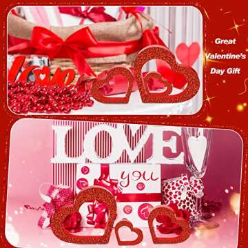 3 Pcs Valentine's Day Heart Wooden Sign Glitter Rustic Heart Shape Wood Decor Tabletop Centerpiece Heart Decor Freestanding Love Table Decoration for Wedding Desk Office Shelf Home Decor (Heart)