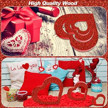3 Pcs Valentine's Day Heart Wooden Sign Glitter Rustic Heart Shape Wood Decor Tabletop Centerpiece Heart Decor Freestanding Love Table Decoration for Wedding Desk Office Shelf Home Decor (Heart)