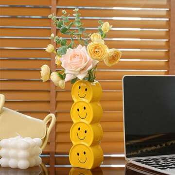 Smiley Face Vase, Yellow Ceramic Vase for Flowers, Yellow Happy Face Planter, Unique Flower Vase Mod...
