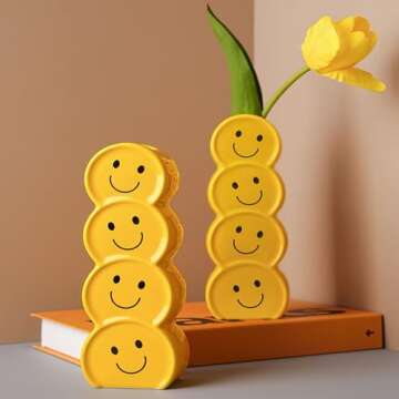 Smiley Face Vase, Yellow Ceramic Vase for Flowers, Yellow Happy Face Planter, Unique Flower Vase Modern Farmhouse Home Decor Style Flower Vase Aesthetic Vase Ceramic Decorative Face Vases for Table