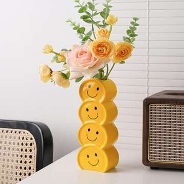 Smiley Face Vase, Yellow Ceramic Vase for Flowers, Yellow Happy Face Planter, Unique Flower Vase Modern Farmhouse Home Decor Style Flower Vase Aesthetic Vase Ceramic Decorative Face Vases for Table