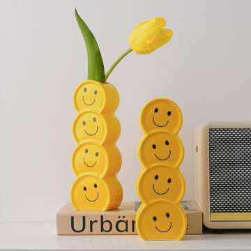 Smiley Face Vase, Yellow Ceramic Vase for Flowers, Yellow Happy Face Planter, Unique Flower Vase Modern Farmhouse Home Decor Style Flower Vase Aesthetic Vase Ceramic Decorative Face Vases for Table