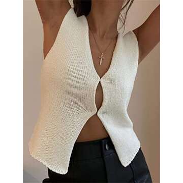 Crochet Knit Vest Top for Women Hollow Out Button Down V Neck Crochet Crop Top Sleeveless Sweater Vi...