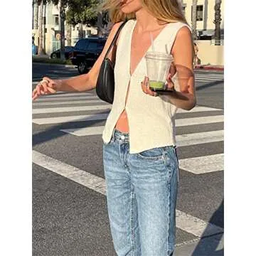 Crochet Knit Vest Top for Women Hollow Out Button Down V Neck Crochet Crop Top Sleeveless Sweater Vintage Streetwear (White, M)