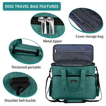 BAGLHER Dog Travel Bag, Airline Approved Pet Tote Organizer with Multi-Function Pockets, 2 X Food Storage Containers and 2 X Collapsible Dog Bowls, Perfect Weekend Pet Travel Set for Dog, Cat Green