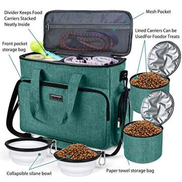 BAGLHER Dog Travel Bag, Airline Approved Pet Tote Organizer with Multi-Function Pockets, 2 X Food Storage Containers and 2 X Collapsible Dog Bowls, Perfect Weekend Pet Travel Set for Dog, Cat Green
