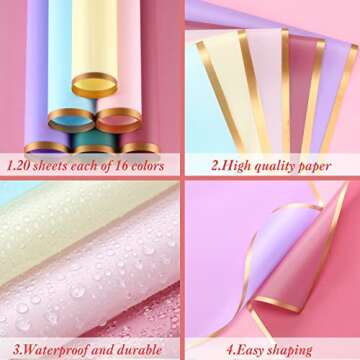 Pajean 320 Sheets Valentine Day Waterproof Bouquet Wrapping Paper Gold Edge Flower Wrapping Paper Assorted Flower Korean Wrap Florist Paper for Bouquets Packaging DIY Crafts Supplies(Fresh Color)