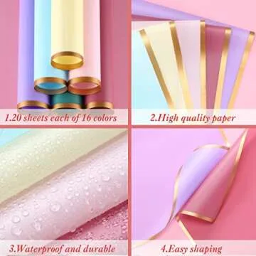 Pajean 320 Sheets Valentine Day Waterproof Bouquet Wrapping Paper Gold Edge Flower Wrapping Paper Assorted Flower Korean Wrap Florist Paper for Bouquets Packaging DIY Crafts Supplies(Fresh Color)