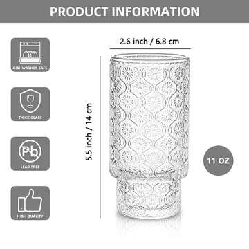 SoulTimes Glass Cups Vintage Glassware Set of 4 | Embossed Stackable Pattern Style Transparent Cockt...