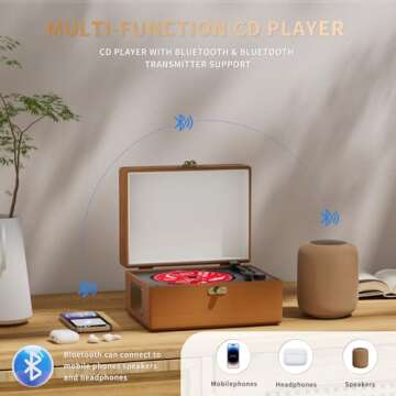 Yintiny Time Music Box CD Player with Speakers; Bluetooth Transmitter; Festival Gift; BGM Player for Home Decor (Brown)