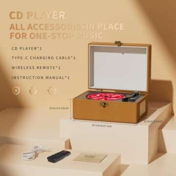 Yintiny Time Music Box CD Player with Speakers; Bluetooth Transmitter; Festival Gift; BGM Player for Home Decor (Brown)