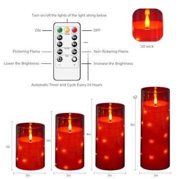 kakoya Flickering Flameless Candles with Remote,5 Pc LED Pillar Candles Battery Operated Candles with Embedded Star String for Home Decor and Romantic Ambiance(Red)
