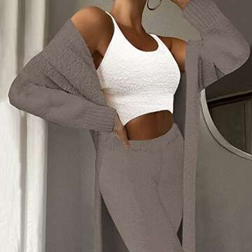 TOLENY 3 Piece Fuzzy Outfits Sets for Women Cardigan Crop Tank Wide Leg Pants Sweatsuit Lounge Sets Coffee S