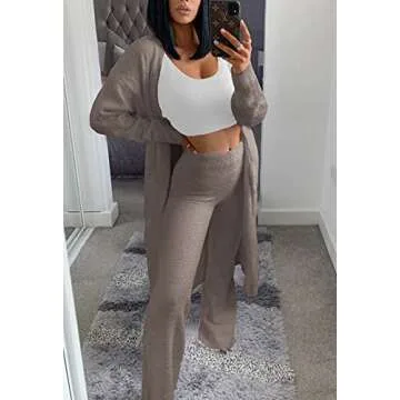 TOLENY 3 Piece Fuzzy Outfits Sets for Women Cardigan Crop Tank Wide Leg Pants Sweatsuit Lounge Sets Coffee S