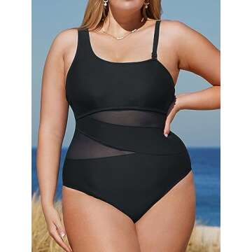 CUPSHE Women's Plus Size Swimsuit One Piece Bathing Suit Mesh Removable Straps Swimwear 1X Black