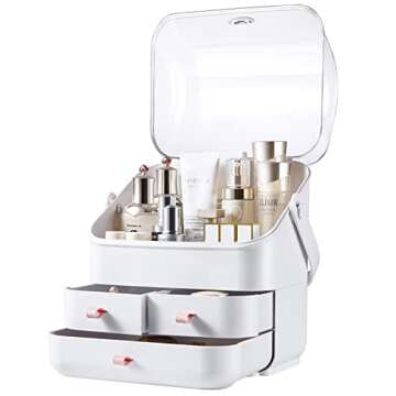 SUNFICON Preppy Skincare Organizers Makeup Organizer Holder Beauty Cosmetic Storage Box Large Display Case Dust Free Cover Portable Handle 2 Rroomy Drawers Gift Great For Bathroom Countertop White