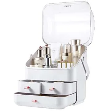 SUNFICON Preppy Skincare Organizers Makeup Organizer Holder Beauty Cosmetic Storage Box Large Display Case Dust Free Cover Portable Handle 2 Rroomy Drawers Gift Great For Bathroom Countertop White