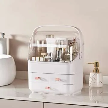 SUNFICON Preppy Skincare Organizers Makeup Organizer Holder Beauty Cosmetic Storage Box Large Display Case Dust Free Cover Portable Handle 2 Rroomy Drawers Gift Great For Bathroom Countertop White
