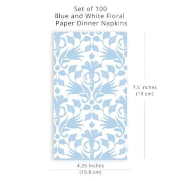 Stxy's 100 Baby Blue Floral Dinner Napkins - Elegant Disposable Paper Guest Towels
