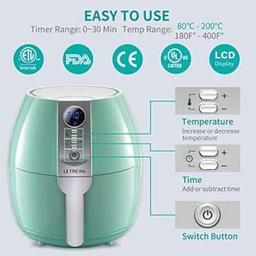 Ultrean Air Fryer, 4.2 Quart Electric Hot Airfryer Oven Oilless Cooker for Quick Easy Meals, Nonstick Frying Pot, UL Certified,1500w, Blue