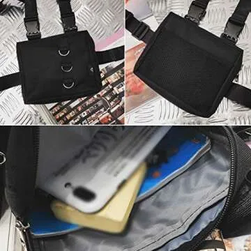 NEDVI Men Women Fashion Chest Front Bag Hip Hop Streetwear Functional Waist Packs Bag Adjustable Tactical Shoulder Bags Chest Rig Bag,Black Bag
