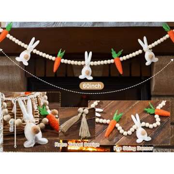 Happy Easter Banner Cute Garland Bunny Carrot with Wooden Beaded Felt Garland Decoration Rustic East...