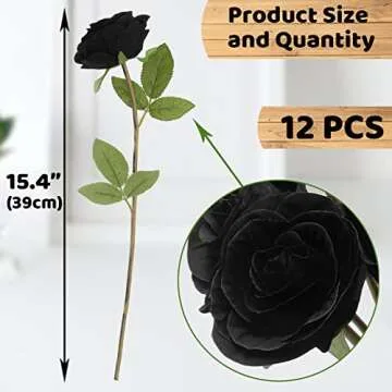 Hananona 12 Pcs Black Artificial Roses for Flower Arrangement, Silk Faux Roses for Halloween Decorat...