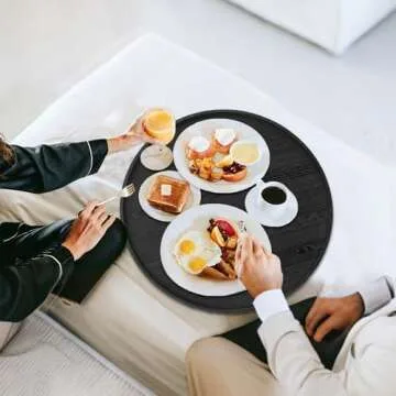 16 inch Round Solid Wood Serving Tray Extra Large Tea Coffee Snack Food Meals Serving Plate Non-Slip Kitchen Party Bar Server Ottoman Tray Breakfast Tray with Raised Edges Heavy Duty Edition Black