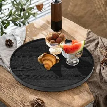 16 inch Round Solid Wood Serving Tray Extra Large Tea Coffee Snack Food Meals Serving Plate Non-Slip Kitchen Party Bar Server Ottoman Tray Breakfast Tray with Raised Edges Heavy Duty Edition Black