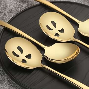 Stainless Steel Serving Spoon x 3, Slotted Serving Spoon x 3, 9.14 Inches Large Serving Utensils Set of 6 for Catering, Dishwasher Safe (Gold)