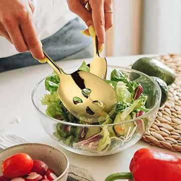 Stainless Steel Serving Spoon x 3, Slotted Serving Spoon x 3, 9.14 Inches Large Serving Utensils Set of 6 for Catering, Dishwasher Safe (Gold)