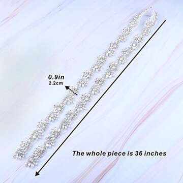 1 Yard Rhinestone Wedding Dress Applique Sparkly for Bridal Ribbon Belt Iron on Jeweled Crystal Thin Sash Applique for Women Formal Prom Evening Bridesmaid Gown