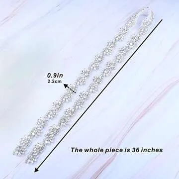 1 Yard Rhinestone Wedding Dress Applique Sparkly for Bridal Ribbon Belt Iron on Jeweled Crystal Thin Sash Applique for Women Formal Prom Evening Bridesmaid Gown