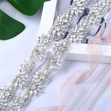 1 Yard Rhinestone Wedding Dress Applique Sparkly for Bridal Ribbon Belt Iron on Jeweled Crystal Thin Sash Applique for Women Formal Prom Evening Bridesmaid Gown