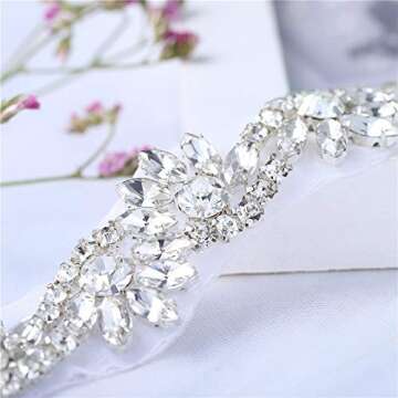 1 Yard Rhinestone Wedding Dress Applique Sparkly for Bridal Ribbon Belt Iron on Jeweled Crystal Thin Sash Applique for Women Formal Prom Evening Bridesmaid Gown