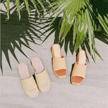 Ancomafio Platform Espadrille Sandals for Women，Raffia Sandals Platform Slip on Wedges Slides Bohemia Sandals Flatform Open Toe Beach Sandals Outdoor Size 8 Apricot