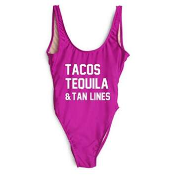 Yihanshangmao Womens Tacos Tequila Letter Print Backless One Piece High Cut Swimsuit Bathing Suit, Purple, Medium