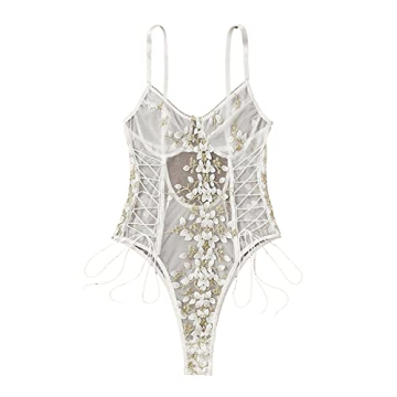 Lilosy Women Sexy Lace Up Floral Embroidered Teddy Bodysuit - Peachy Pink