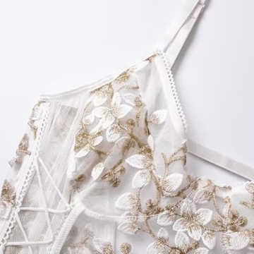 Lilosy Sexy Lace Up Floral Embroidered Bodysuit