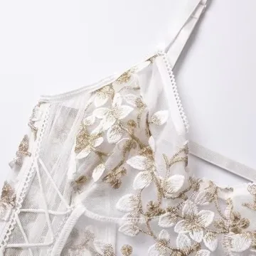 Lilosy Sexy Lace Up Floral Embroidered Bodysuit