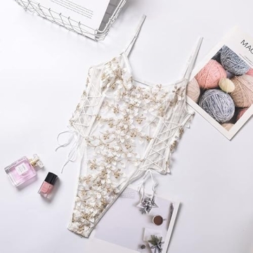 Lilosy Sexy Lace Up Floral Embroidered Bodysuit