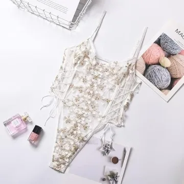 Lilosy Sexy Lace Up Floral Embroidered Bodysuit