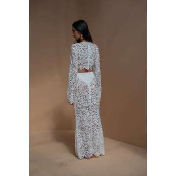 REASERAL Womens Lace 2 Piece Outfits Long Sleeves Round Neck Hollow Out Top Maxi Skirt Vacation Sets