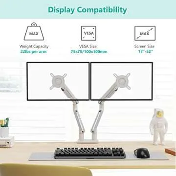 WALI Dual Monitor Stand White Arms Mounts, for 2 Monitors, Mechanical Spring Tension Indicator Fully Adjustable Bracket, Up to 32 inch, 22lbs Weight Capacity (MATI002-W), White