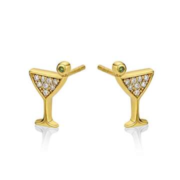 Diamond Treats Small Cocktail Glass Earrings in Gold Plated 925 Sterling Silver, Simple Mini Cocktail Glass Stud Earrings for Women, Martini Glass Earrings, Cute Fun Gold Stud Earrings for Her