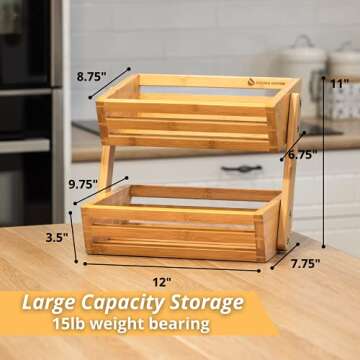Golden Nature Fruit Basket - 2-Tier Bamboo Fruit & Vegetable Storage Organizer for Kitchen Counter - Gift Box Included - Lightweight & Easy Assembly - Countertop Fruit Stand Holder Bowl