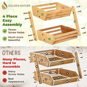 Golden Nature Fruit Basket - 2-Tier Bamboo Fruit & Vegetable Storage Organizer for Kitchen Counter - Gift Box Included - Lightweight & Easy Assembly - Countertop Fruit Stand Holder Bowl
