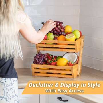 Golden Nature Fruit Basket - 2-Tier Bamboo Fruit & Vegetable Storage Organizer for Kitchen Counter - Gift Box Included - Lightweight & Easy Assembly - Countertop Fruit Stand Holder Bowl