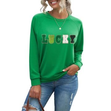 Ecosunny Women's St Patricks LUCKY Chenille Embroidered Graphic Sweatshirt Casual Long Sleeve Pullov...