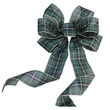 Green Black Plaid Wreath Bow - 10" Wide, 18" Long Pre-Tied Bow, Tartan, Gold Edge, Door Decoration, ...